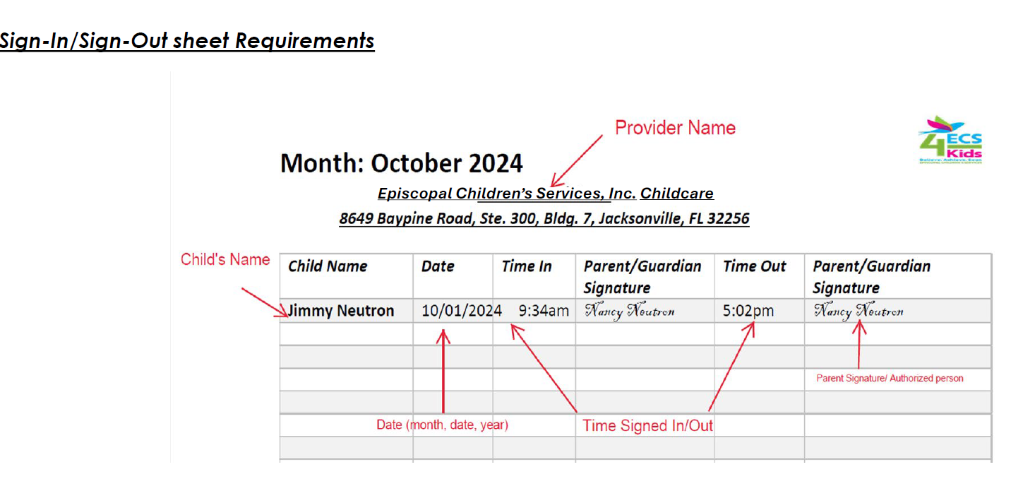 Example Sign-In/Sign-Out Sheet